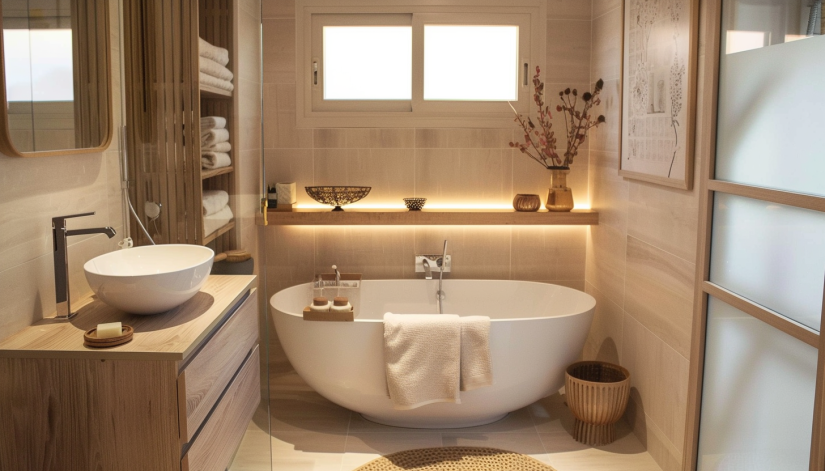 Japandi bathroom, monochrome, textural depth, glossy tiles, matte finishes, minimalist accessories