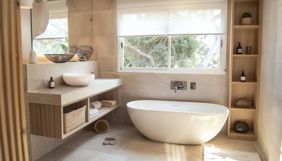 Japandi bathroom, monochrome, textural depth, glossy tiles, matte finishes, minimalist accessories.