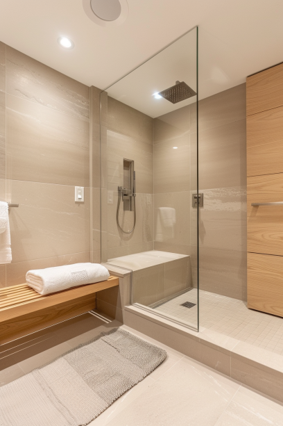 Japandi bathroom, small space, clear glass shower, light wood, minimalist design.