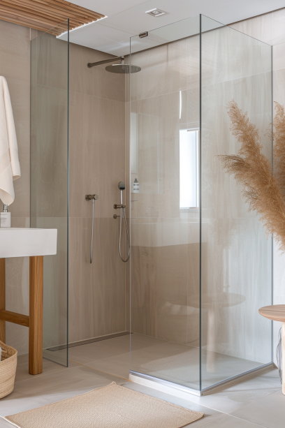 Japandi bathroom, small space, clear glass shower, light wood, minimalist design