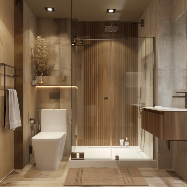 Japandi bathroom, small space, clear glass shower, light wood, minimalist design...
