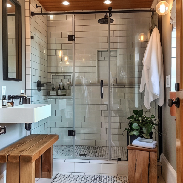 Japandi bathroom, small space, clear glass shower, light wood, minimalist style