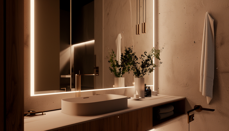 Japandi bathroom, small space, large mirror, hidden cabinets, minimalistic decor