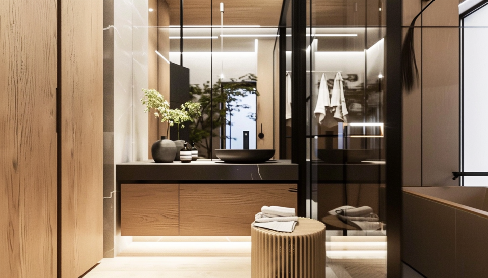 Japandi bathroom, small space, large mirror, hidden cabinets, minimalistic decor style