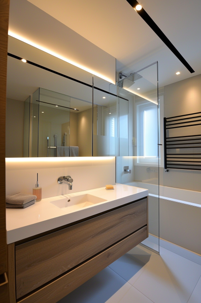 Japandi bathroom, small space, large mirror, hidden cabinets, minimalistic decor...