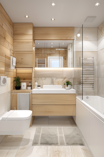 Japandi bathroom, small space, light wooden tones, minimalist design..