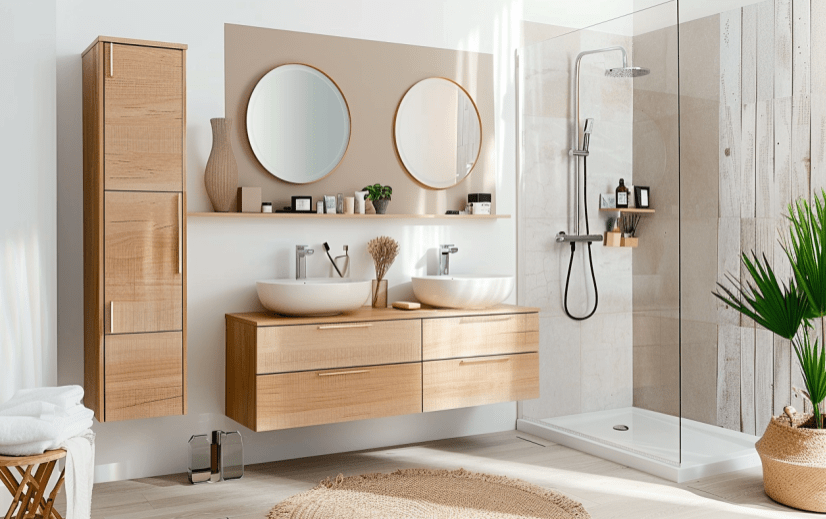 Japandi bathroom, small space, light wooden tones, minimalist design
