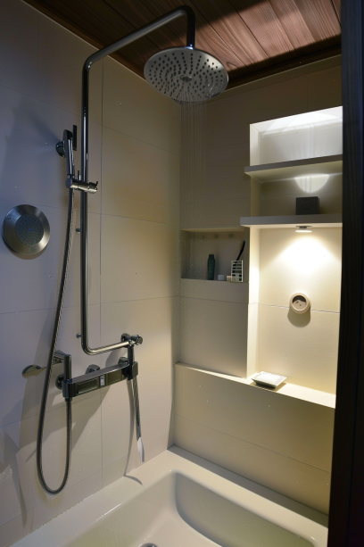 Japandi bathroom, small space, minimalistic fixtures, matte finish taps, serene design