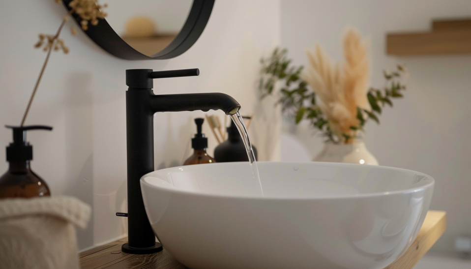 Japandi bathroom, small space, minimalistic fixtures, matte finish taps, serene
