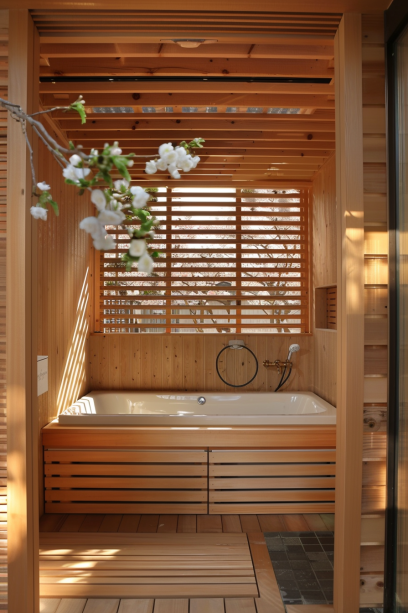 Japandi bathroom, warm white walls, wooden slats