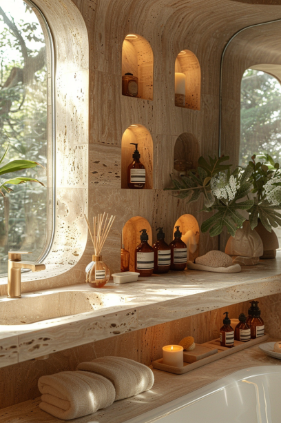 Japandi bathroom, wooden details, sustainable wood, water-resistant treatment