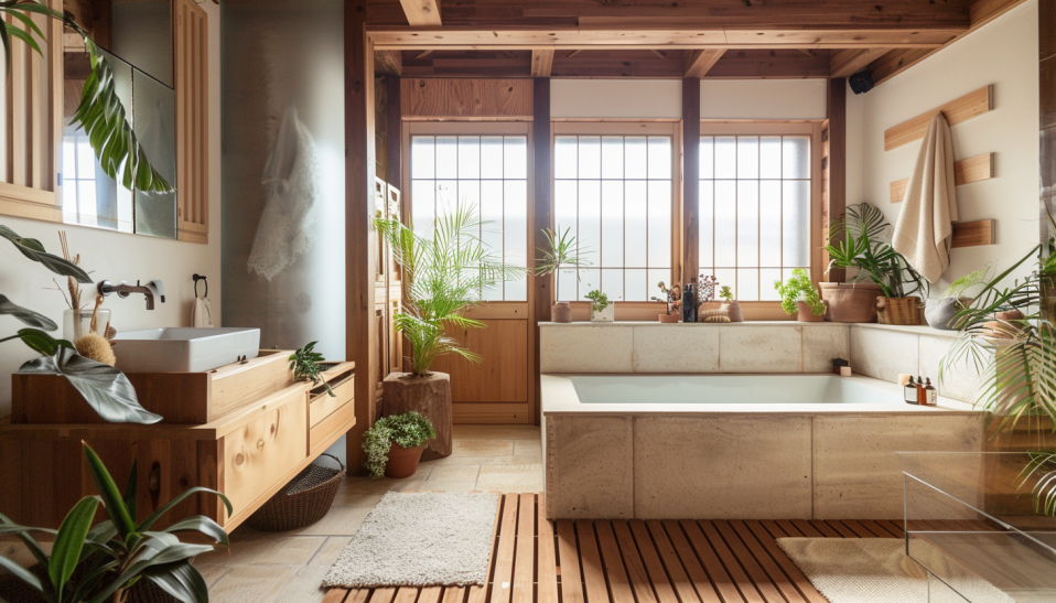 Japandi bathroom, wooden details, sustainable wood, water-resistant treatment....