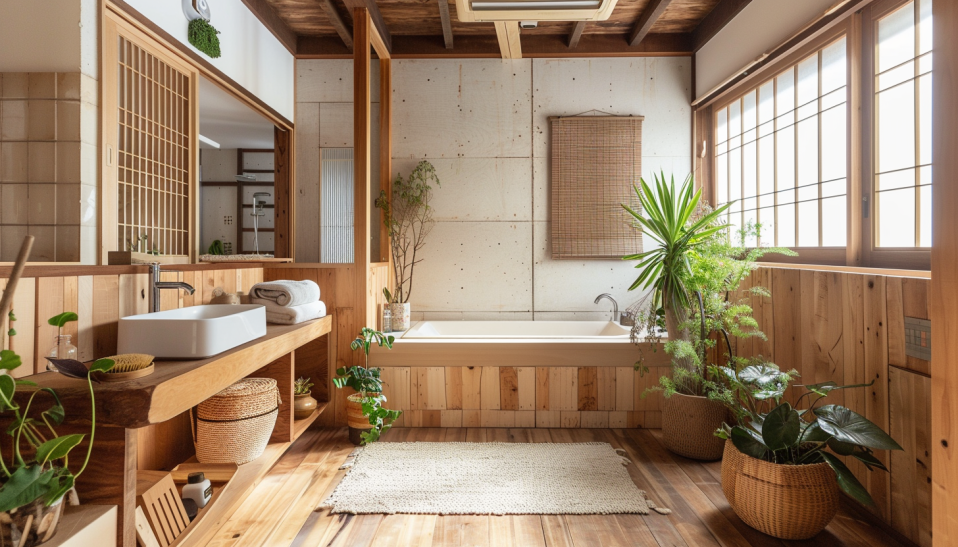Japandi bathroom, wooden details, sustainable wood, water-resistant treatment..