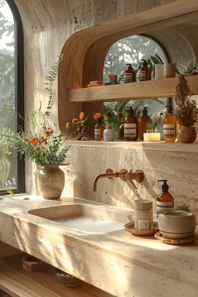 Japandi bathroom, wooden details, sustainable wood, water-resistant treatment.