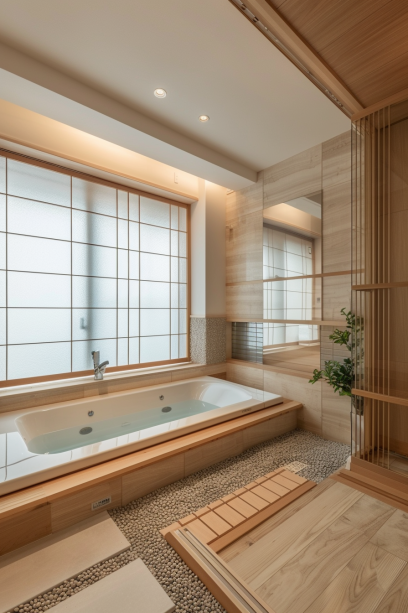 Japandi style, peppled floor, minimalist room, wooden elements, tile accent
