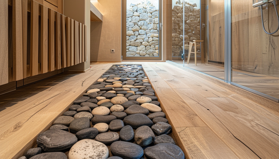 Japandi style, peppled floor, minimalist room, wooden elements, tile accents