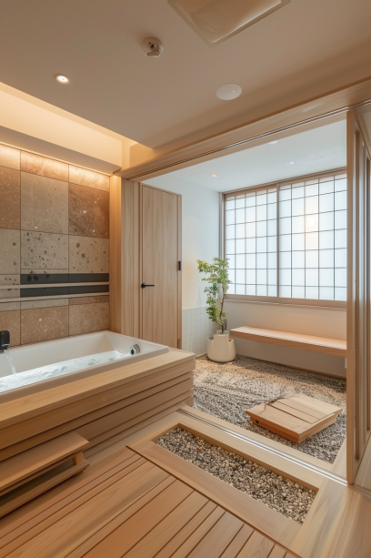 Japandi style, peppled floor, minimalist room, wooden elements, tile accents....