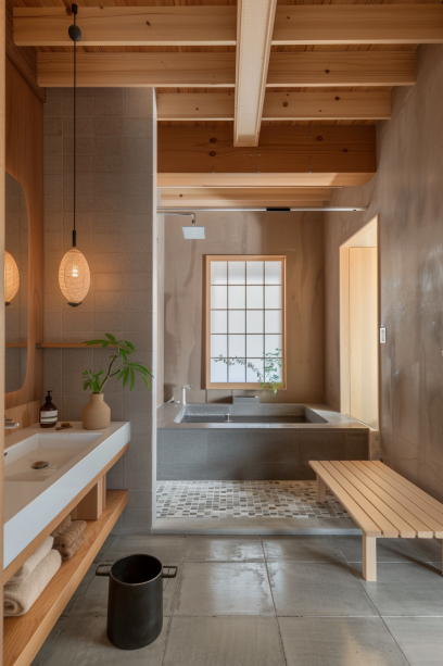 Japandi style, peppled floor, minimalist room, wooden elements, tile accents.