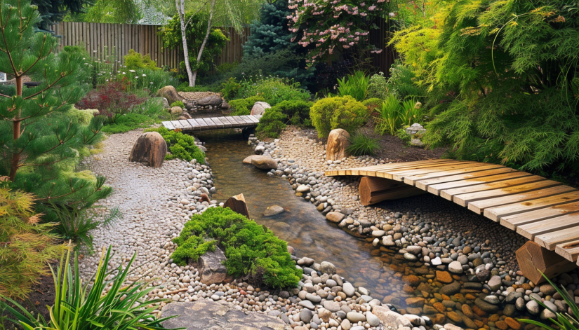 Japanese garden, winding stream, flowing water, river pebbles, footbridges