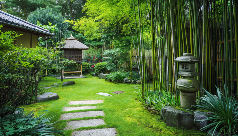Japanese bamboo house garden green area