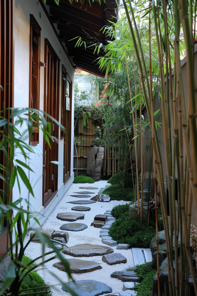 Japanese bamboo house, serene gardenstone pathway, lush greenery.