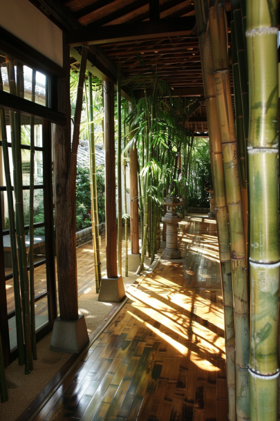 Japanese bamboo house, serene gardenstone pathway, lush greenery..