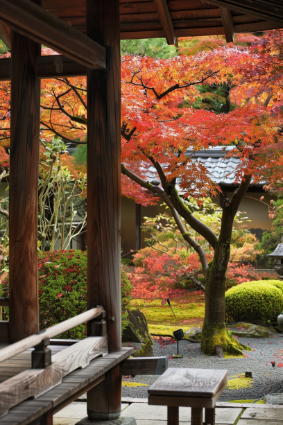 Japanese garden, Japanese Maples, fall foliage, shaded area