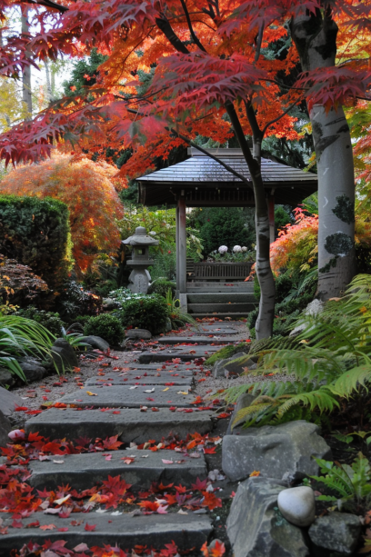 Japanese garden, Japanese Maples, fall foliage, shaded area...