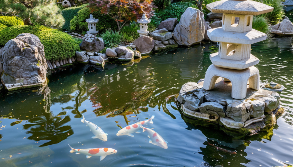Japanese garden, Koi pond, arching bridge, ferns, water plants, lantern lighting