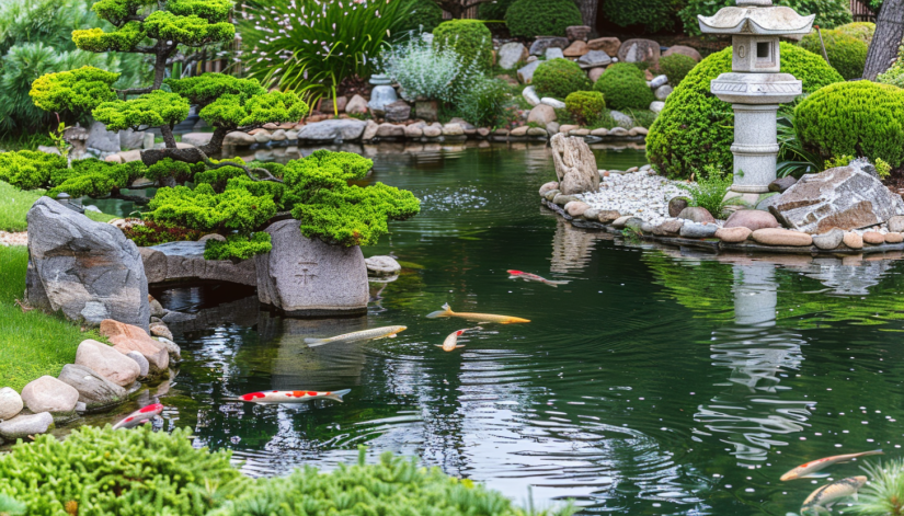 Japanese garden, Koi pond, arching bridge, ferns, water plants, lantern lighting.