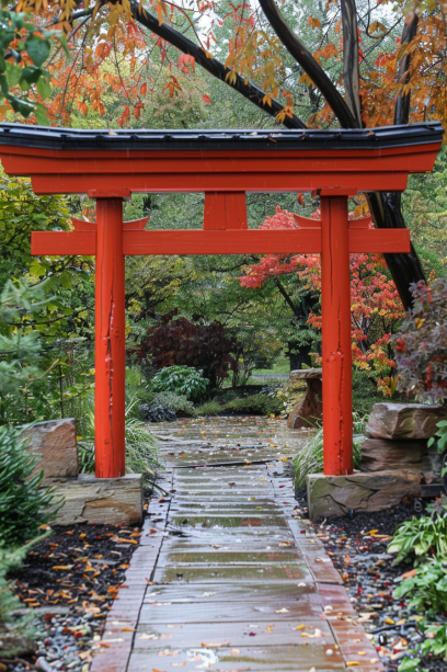 Japanese garden, Torii gate pathway, serene, greenery.