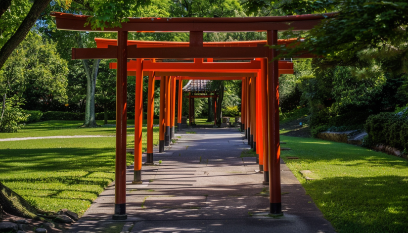 Japanese garden, Torii gate pathway, serene, greenery
