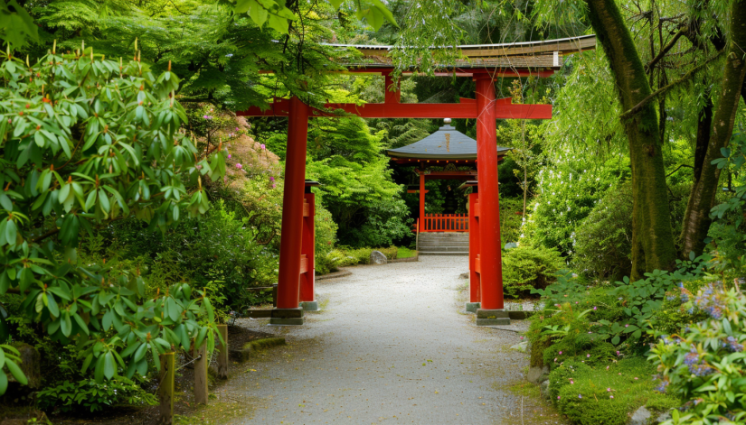 Japanese garden, Torii gate pathway, serene, greenery.....