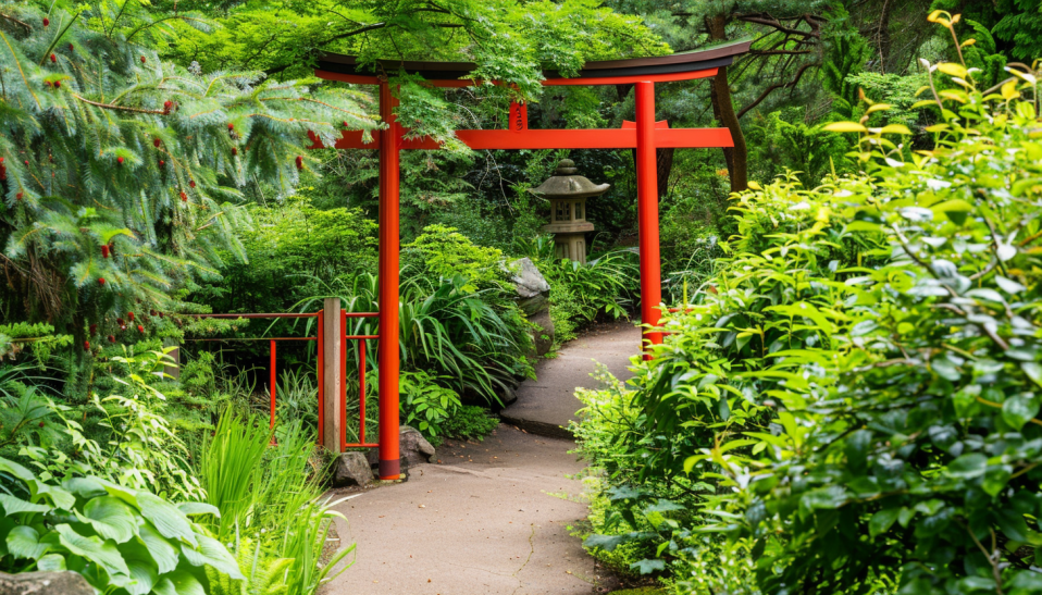 Japanese garden, Torii gate pathway, serene, greenery..