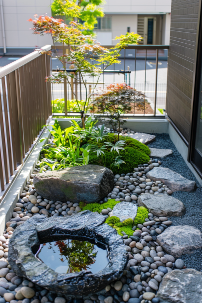 Japanese garden balcony, bamboo plants, stone pathways, Japanese maple, moss, stone bowl water feature -