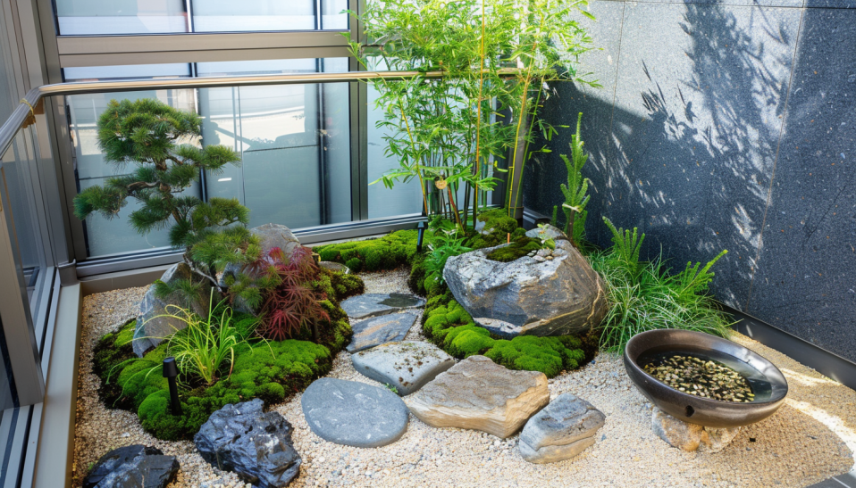 Japanese garden balcony, bamboo plants, stone pathways, Japanese maple, moss, stone bowl water feature..