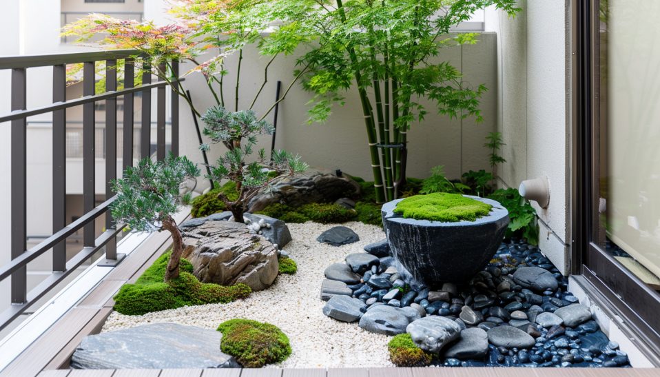 Japanese garden balcony, bamboo plants, stone pathways, Japanese maple, moss, stone bowl water feature.