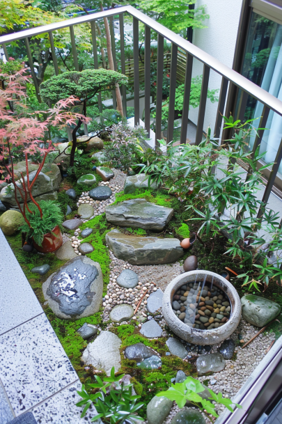 Japanese garden balcony, bamboo plants, stone pathways, Japanese maple, moss, stone bowl water feature balcony