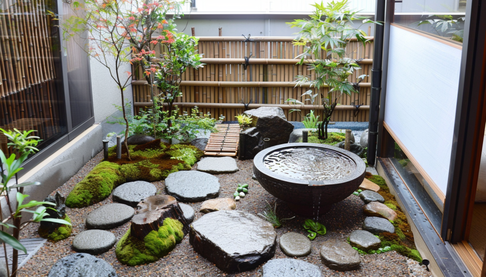 Japanese garden balcony, bamboo plants, stone pathways, Japanese maple, moss, stone bowl water feature