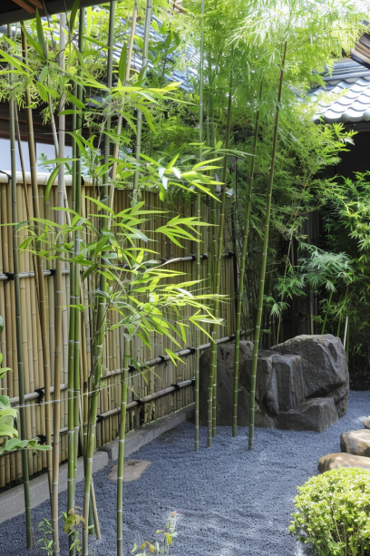 Japanese garden, bamboo, privacy screen, containment measures.
