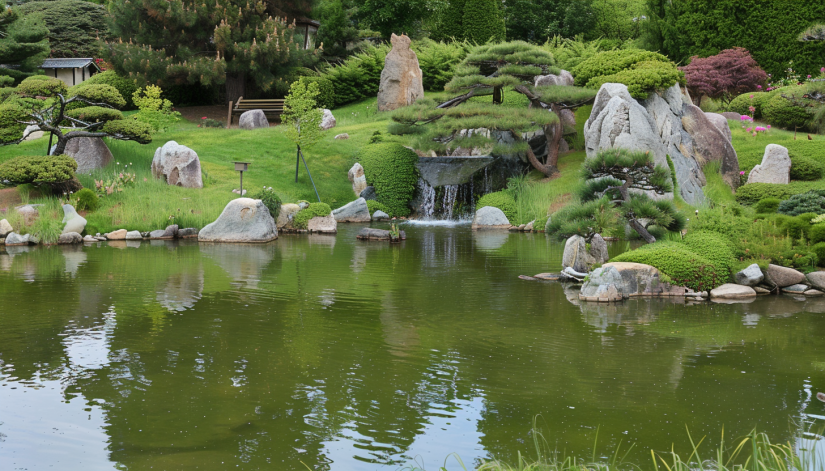 Japanese garden, hill and pond design, miniature landscape, natural hillside, serene pond, waterfall, viewing areas.