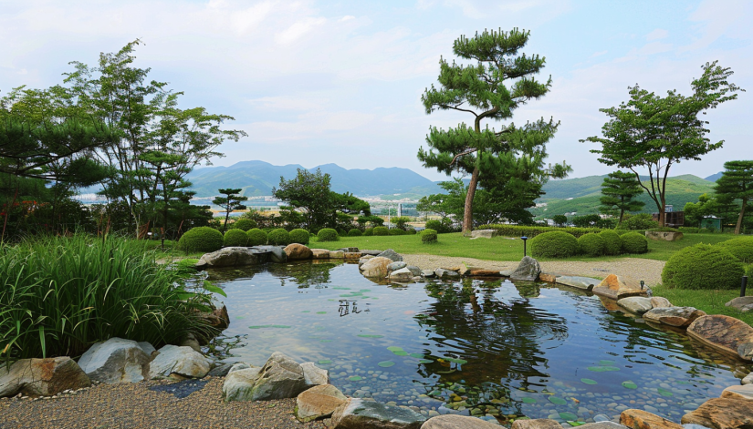 Japanese garden, hill and pond design, miniature landscape, natural hillside, serene pond, waterfall, viewing areas..