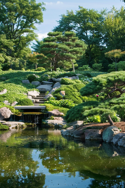 Japanese garden, hill and pond design, miniature landscape, natural hillside, serene pond, waterfall, viewing areas