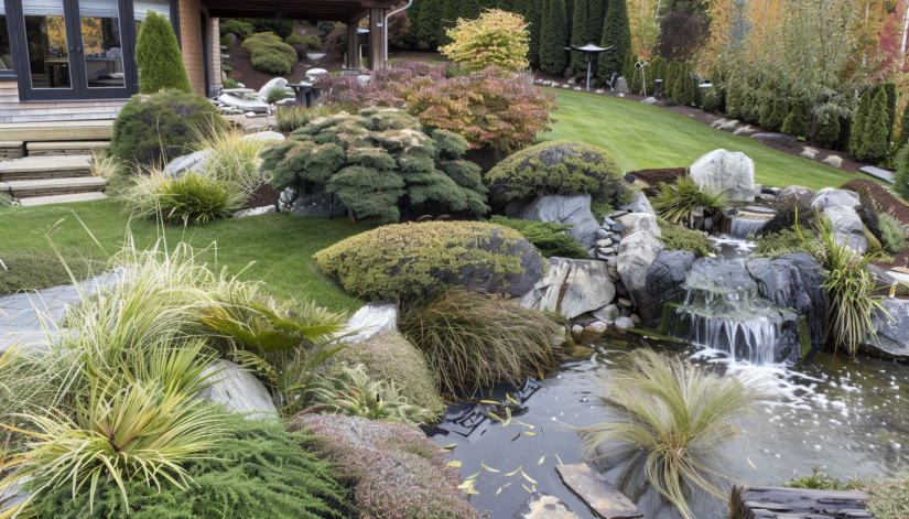 Japanese garden, hill and pond design, miniature landscape, natural hillside, serene pond, waterfall
