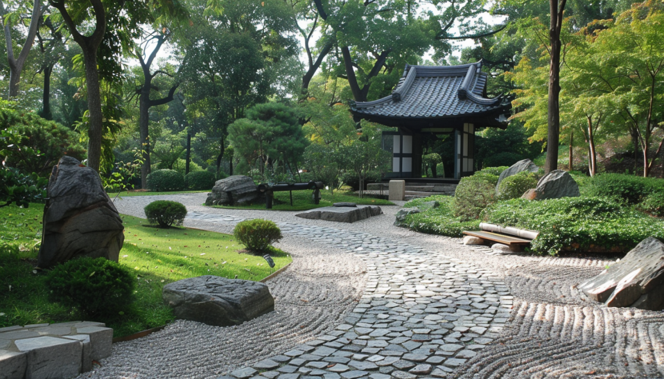 Japanese garden, hill and pond design, miniature landscape, natural hillside