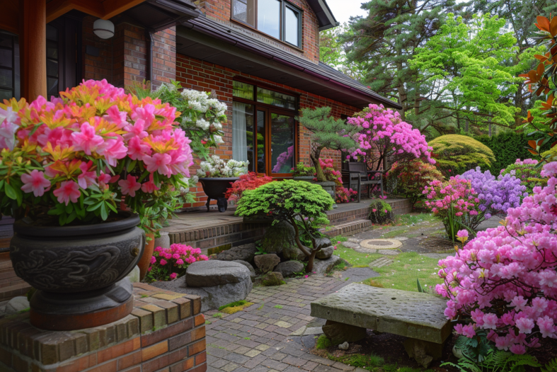 Japanese garden in a normal house with azaleas and rhododendrons nature