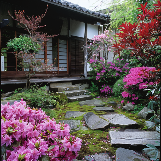 Japanese garden in a normal house with azaleas and rhododendrons
