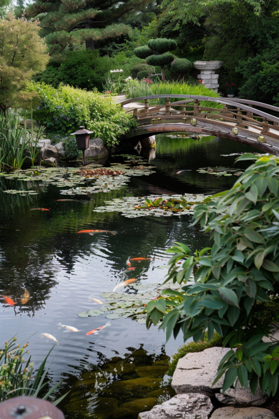 Japanese garden pond full of Koi in a Japanese garden in the backyard of a house, photography type