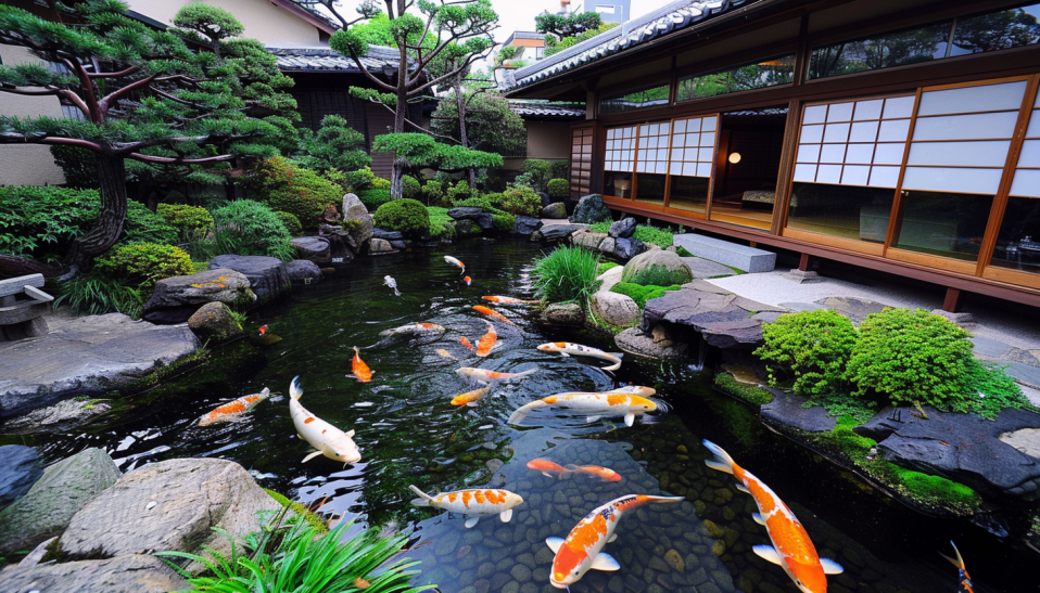Japanese garden pond full of Koi in a Japanese garden in the backyard of a house, photography type...