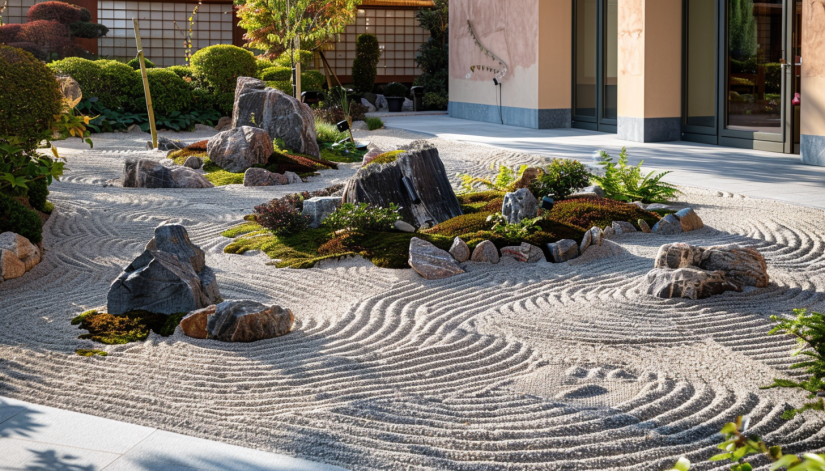 Japanese garden, rock garden, sand patterns, greenery, natural simplicity.